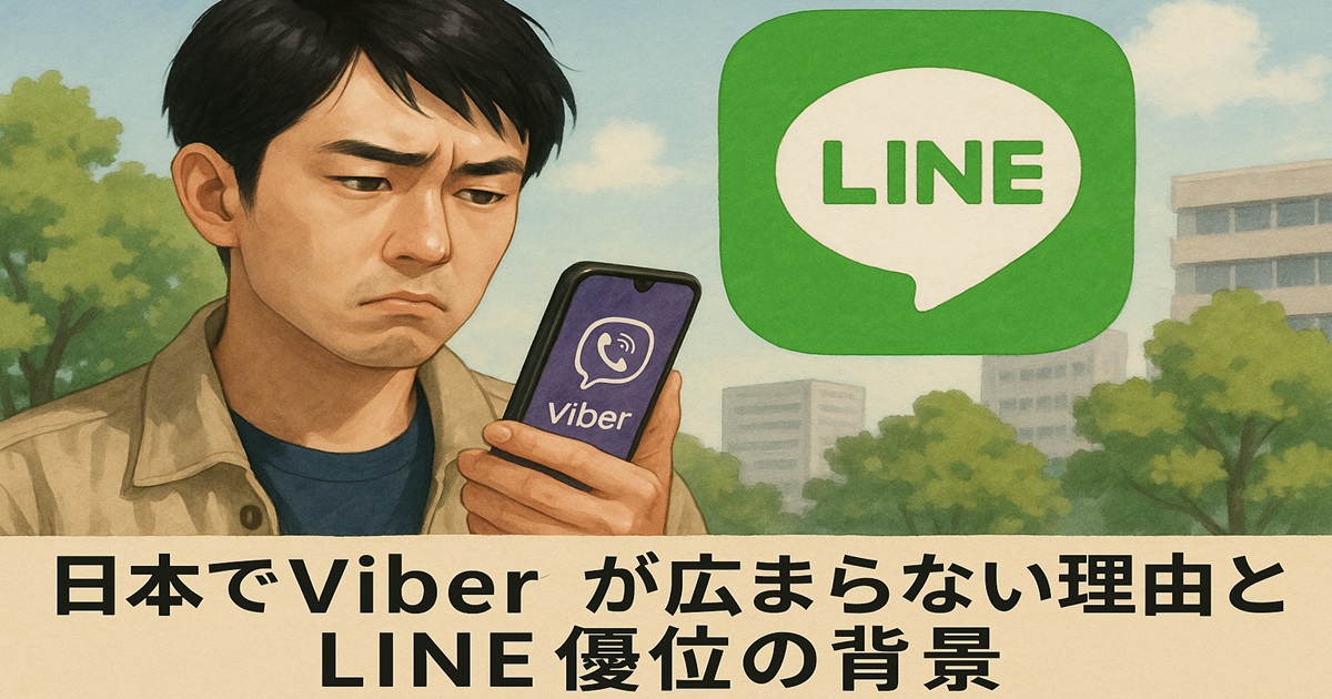 Viberを見つめる男性と巨大なLINEロゴ。日本市場でLINEが優位な状況を表現したバナー画像