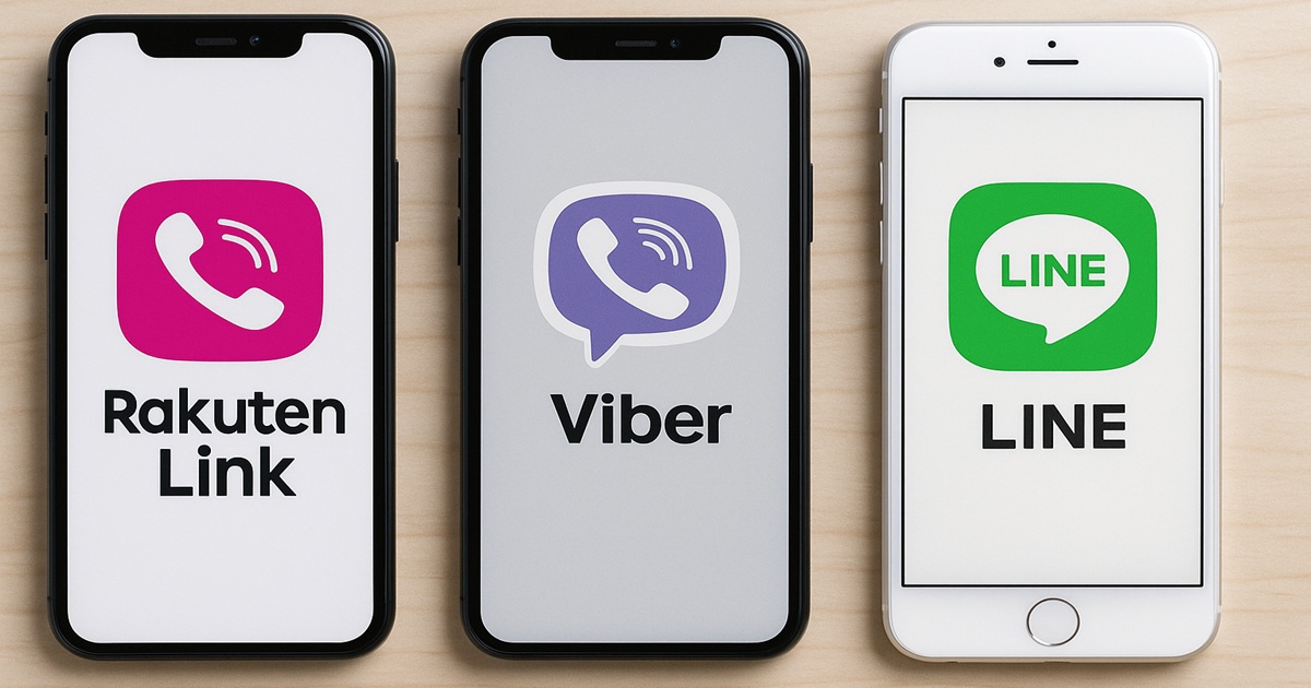 Rakuten Link・Viber・LINEのアプリ画面を並べたスマホ3台。各アプリの使い分けを象徴する比較バナー