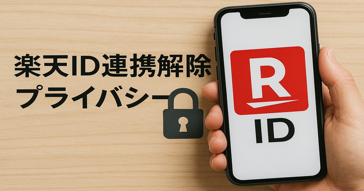 スマホに表示された楽天IDアイコンと南京錠のイラスト。ViberとのID連携解除とプライバシー保護を表現