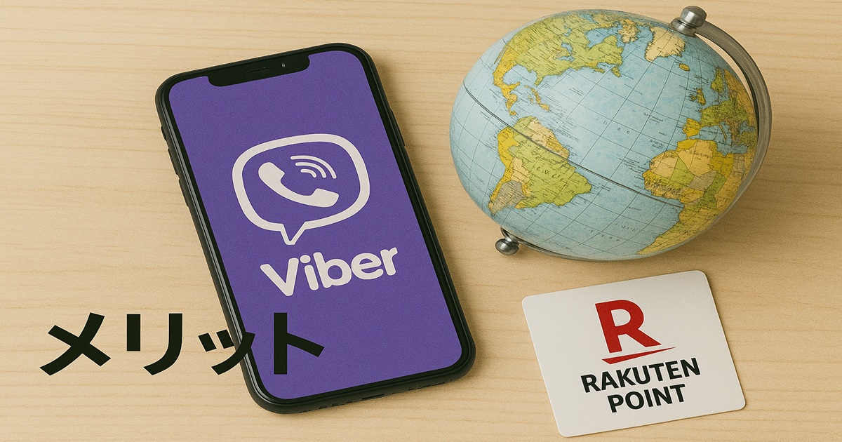 Viberアプリ画面のスマホと地球儀、楽天ポイントカードを並べた画像。国際通話と楽天ポイントの利点を表現