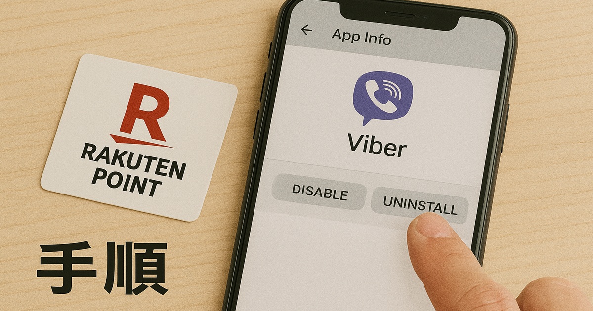 スマホのViberアプリ画面でUNINSTALLボタンを押そうとしている手元。楽天ID連携解除と削除手順を示すイメージ