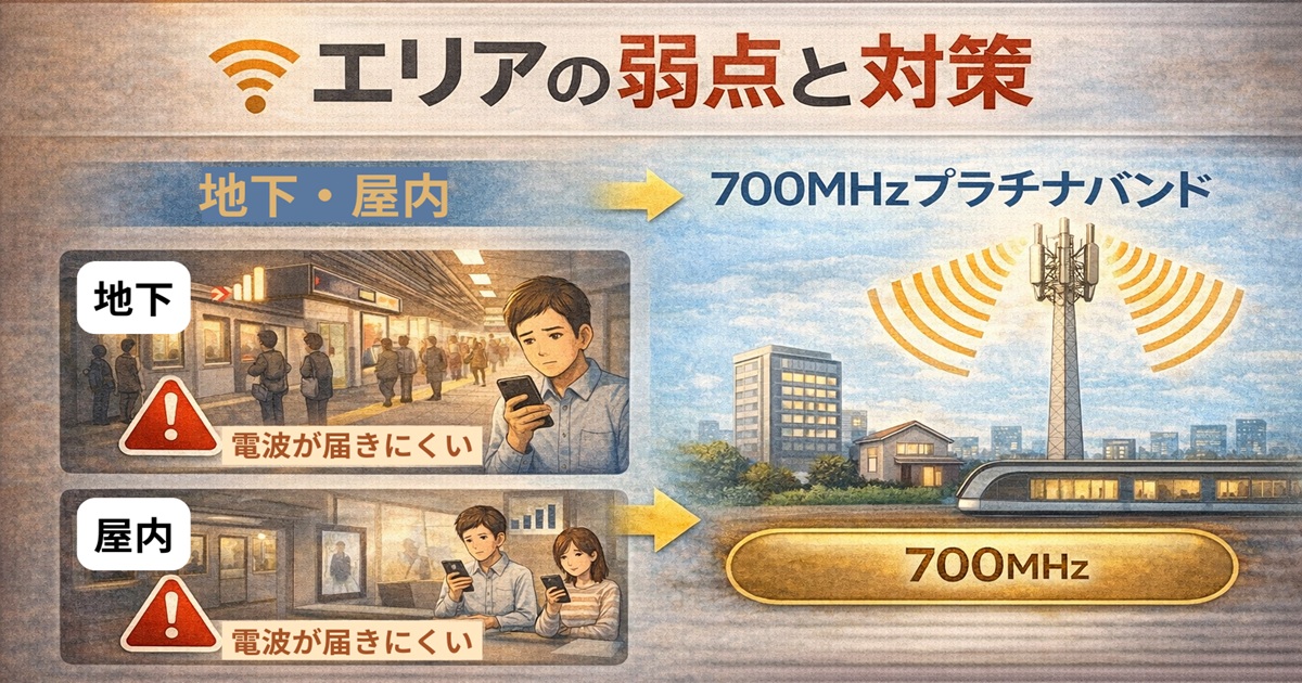 地下や屋内で電波が弱い楽天モバイルを、700MHzプラチナバンドで補強する説明イラスト