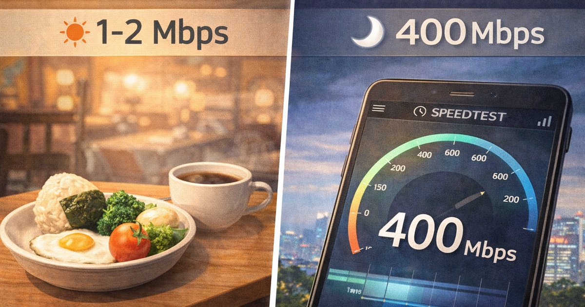 昼間は低速、夜は高速になる通信速度の差を表した比較イメージ