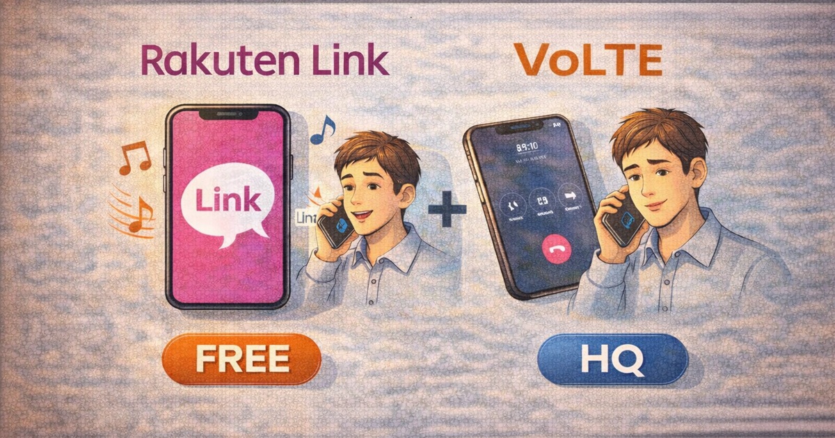 Rakuten Linkの無料通話と、VoLTEによる高音質通話を使い分けるイメージ図