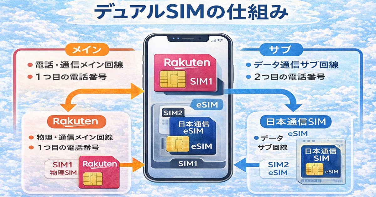 デュアルSIMの仕組みを図解したイラスト。スマホ1台に楽天モバイル（物理SIM）をメイン回線、日本通信SIM（eSIM）をサブ回線として設定し、通話とデータ通信を役割分担する構成を示している。