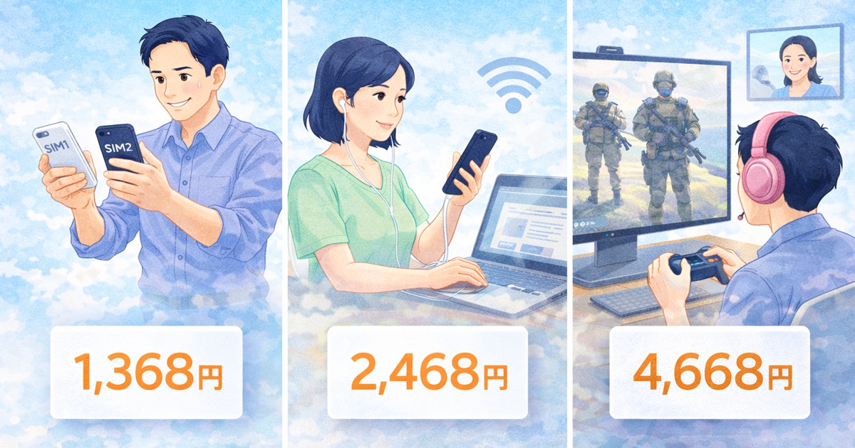楽天モバイルと日本通信SIM併用時の料金パターン例（1,368円・2,468円・4,668円）