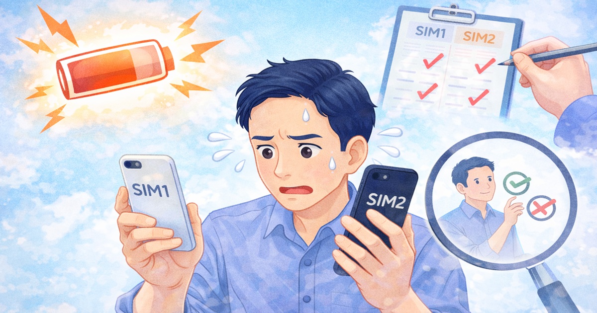 デュアルSIM利用時の電池消費や管理の手間を表したイメージ