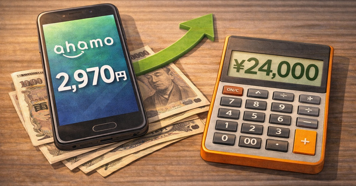 ahamo月2,970円から楽天モバイル併用へ切り替えて通信費を削減する比較イメージ